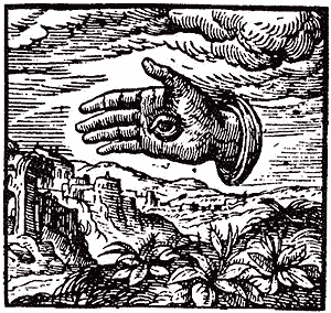 Desenho de uma mão com um olho, publicado em 1549 no livro Emblematum Liber