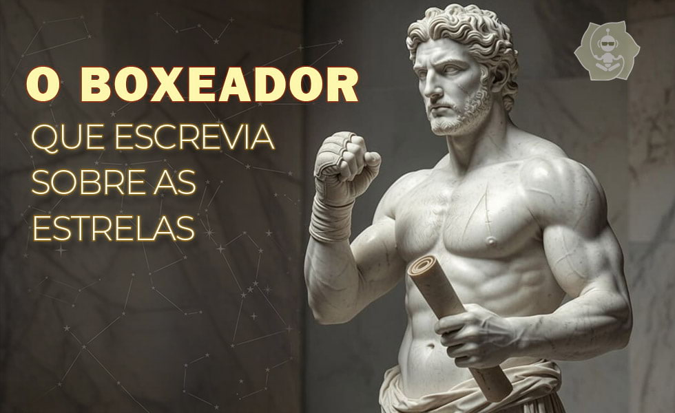 O BOXEADOR QUE ESCREVIA SOBRE AS ESTRELAS 1 Uma estátua greco-romana de uma pessoa com luva de boxeador segurando um pergaminho na outra mão. Título do post ao lado: O BOXEADOR QUE ESCREVIA SOBRE AS ESTRELAS