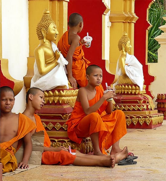 Monges budistas crianças com copo de milk shake ou chá com canudo. Foto: Ben the man.