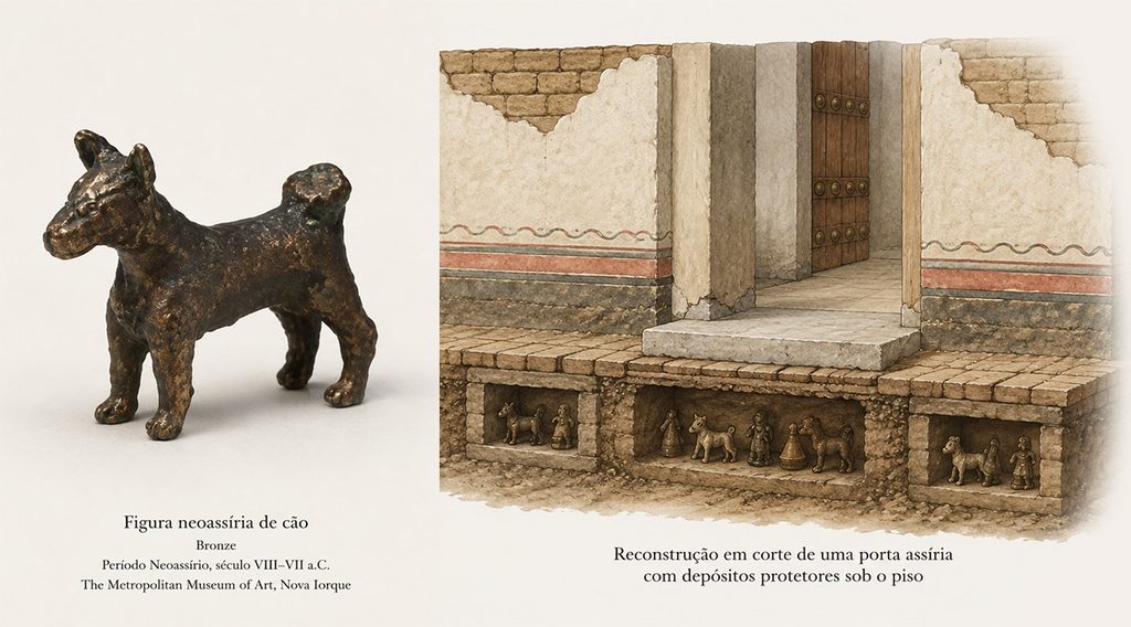 Figura neoassíria de cão de bronze. Reconstrução em corte de uma porta assíria com depósitos protetores sob o piso.