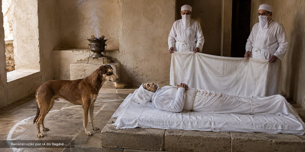 CÃES: GUARDIÕES DO INVISÍVEL. Cão do Sagdid olhando para o morto.  (feito por IA)