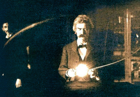 Mark Twain no laboratório de Nikola Tesla 
